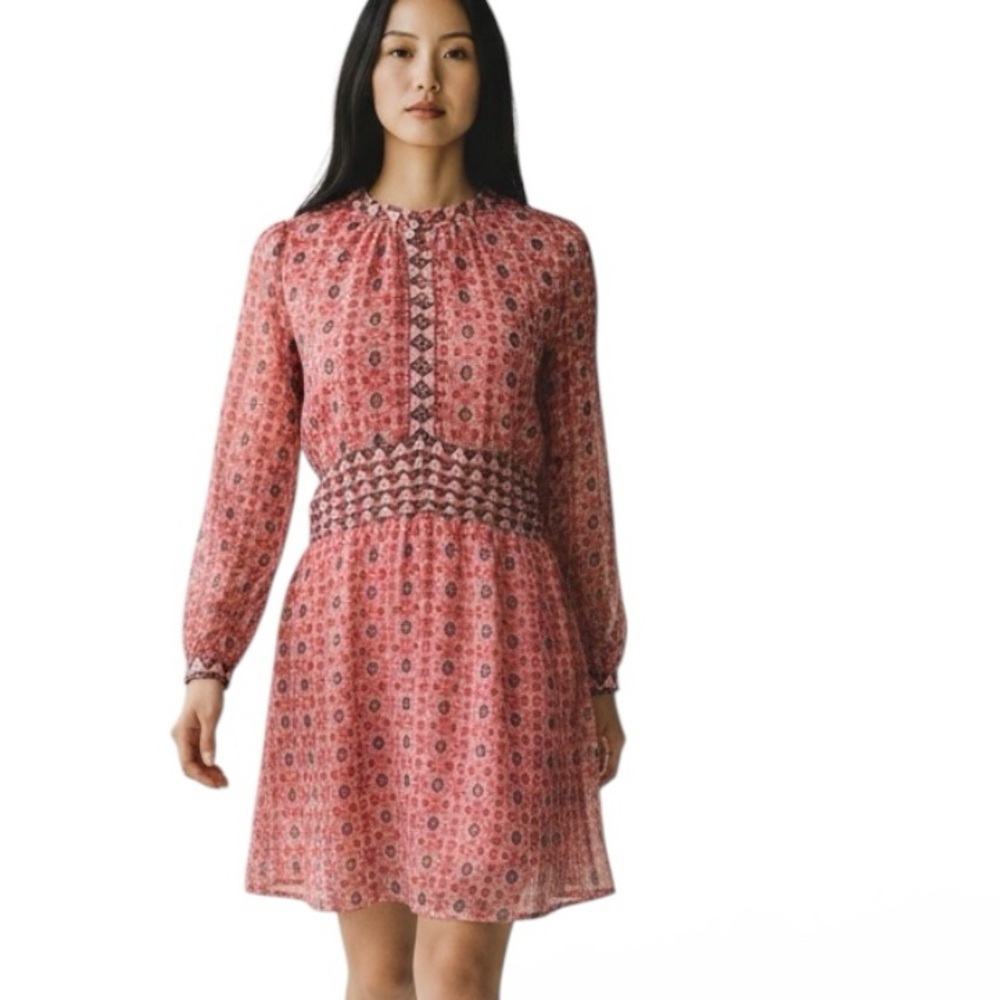LOFT Geometric Womens Size Medium Semi Sheer Long Sleeve Dress Orange Pink Boho